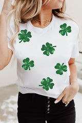 White Sequin Lucky Clover Graphic Crewneck Tee Graphic Tees JT's Designer Fashion
