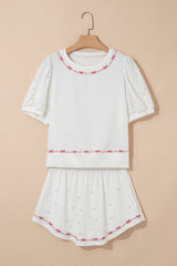White Contrast Bow Trim Pearl Puff Sleeve Blouse and Skort 2pcs Set Short Sets JT's Designer Fashion