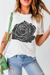 White Large Rose Print Round Neck T Shirt Graphic Tees JT's Designer Fashion