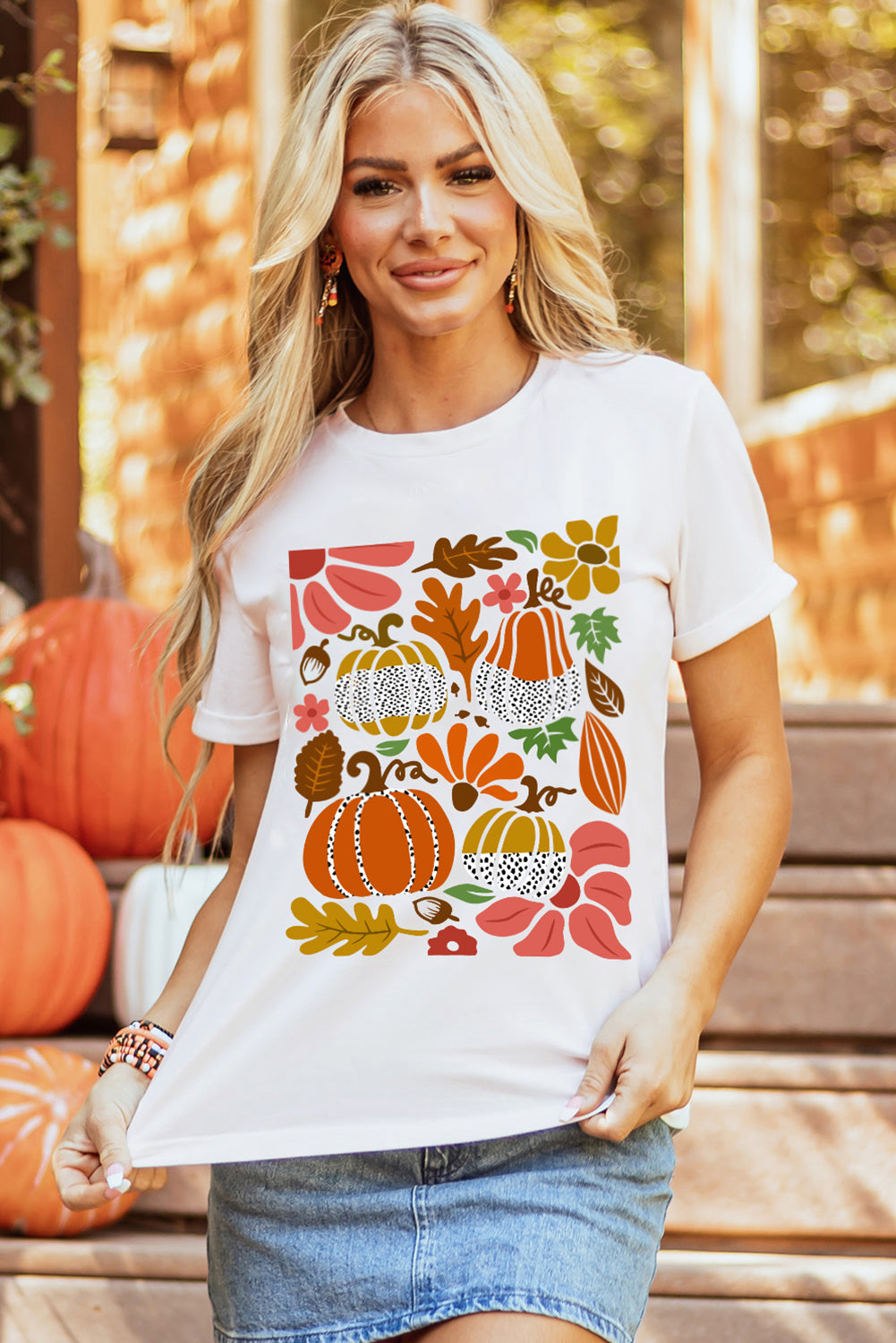 White Pumpkin Flower Print Fall Graphic Cotton Blend Tee Graphic Tees JT's Designer Fashion