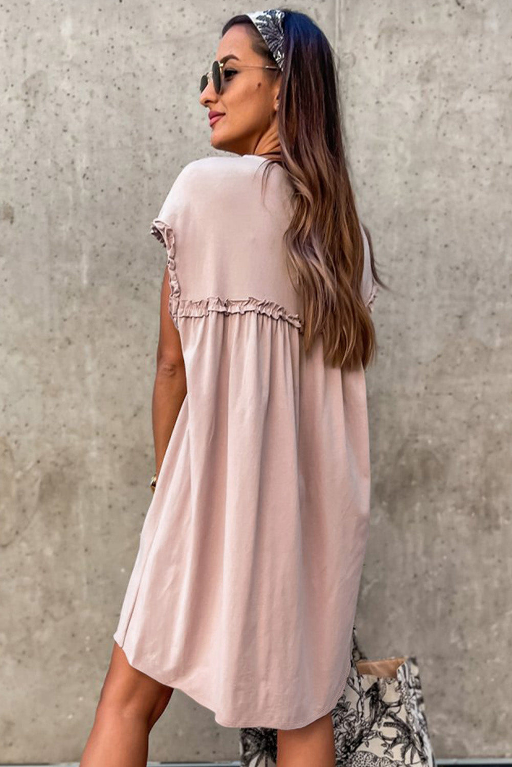 Oatmeal Frilled Trim Crew Neck Loose Fit Mini Dress Mini Dresses JT's Designer Fashion