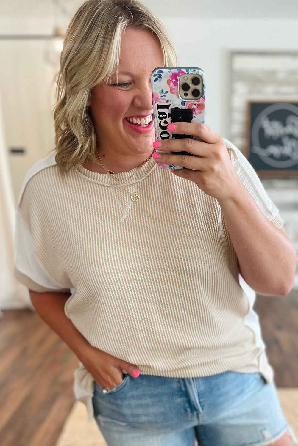 Parchment Twist Rib Colorblock Hi Low Plus Size Short Sleeve Top Plus Size JT's Designer Fashion