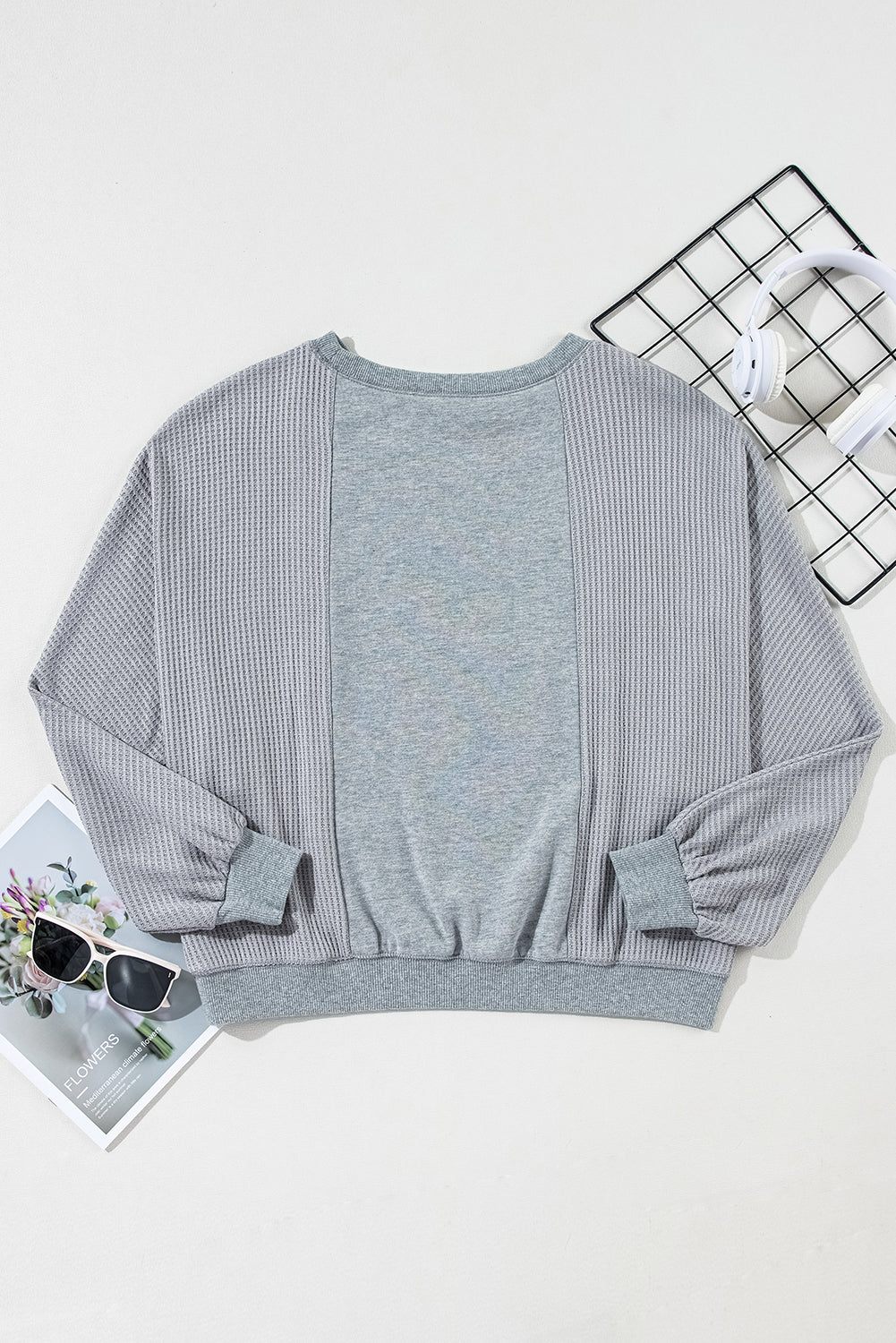 Light Grey Waffle Patchwork Long Sleeve Raw Hem Pullover Top Long Sleeve Tops JT's Designer Fashion