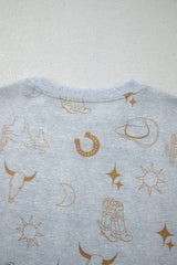 Gray Western Fashion Printed T Shirt Elastic Waist Shorts Set Short Sets JT's Designer Fashion