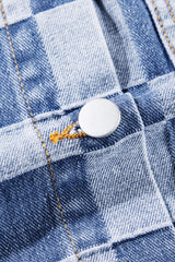 Light Blue Checkered Patchwork Button up Denim Jacket Denim Jackets JT's Designer Fashion