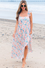 Pink Floral Print Square Neck Backless Long Dress with Slit Maxi Dresses JT's Designer Fashion