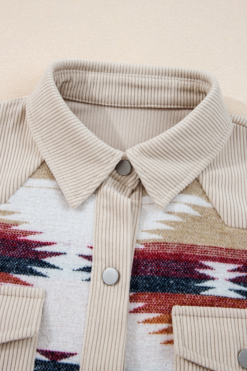 Multicolour Western Aztec Striped Patchwork Double Flap Pocket Raw Hem Shacket Jackets JT's Designer Fashion