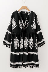 Black Plus Size Western Floral Print Fringed V Neck Dress Plus Size Mini Dresses JT's Designer Fashion