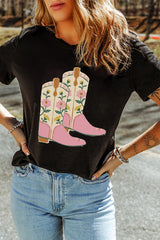 Black Floral Cowgirl Boots Cotton Blend T Shirt Graphic Tees JT's Designer Fashion