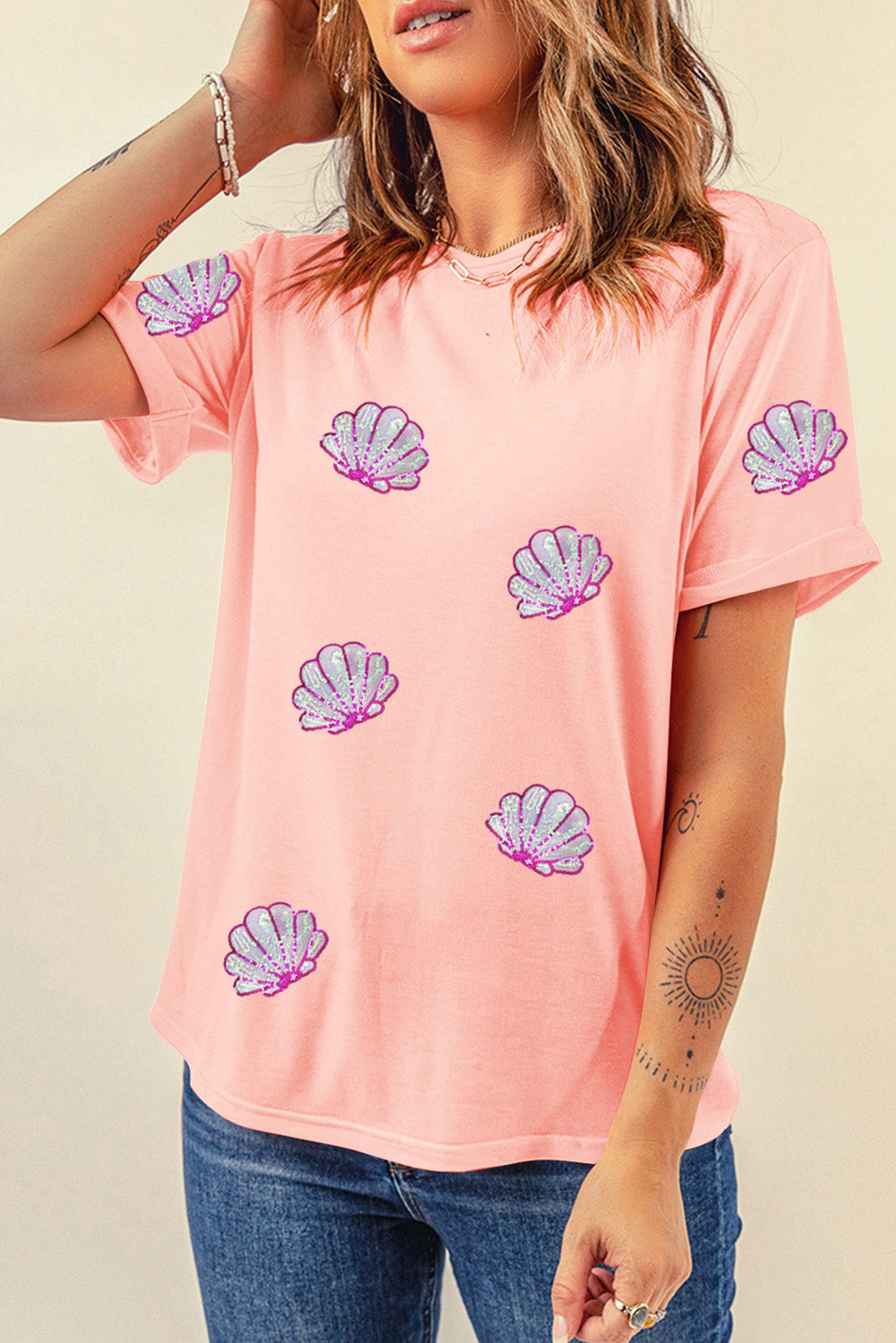 Pink Sequin Shell Graphic Round Neck T Shirt Graphic Tees JT's Designer Fashion