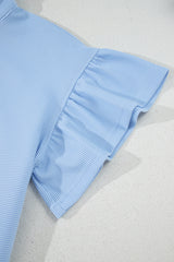 Beau Blue Ribbed Texture Half Zip Ruffled Short Sleeve Top and Shorts Set Short Sets JT's Designer Fashion