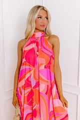 Rose Abstract Printed High Neck Knotted Nape Sleeveless Long Dress Maxi Dresses JT's Designer Fashion