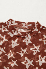 Red Mesh Star Print Mock Neck Sheath Long Sleeve Top Long Sleeve Tops JT's Designer Fashion