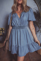 Ashleigh Blue Ruffled V Neck Smocked High Waist Denim Mini Dress Mini Dresses JT's Designer Fashion