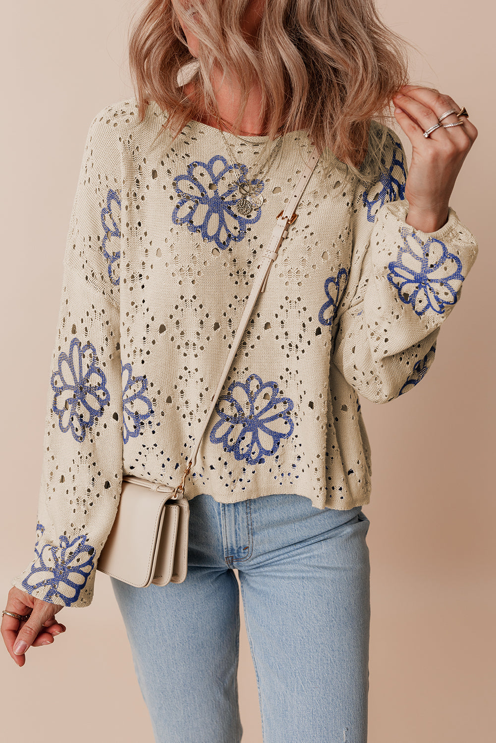 Beige Contrast Flower Print Eyelet Drop Shoulder Sweater Sweaters JT's Designer Fashion