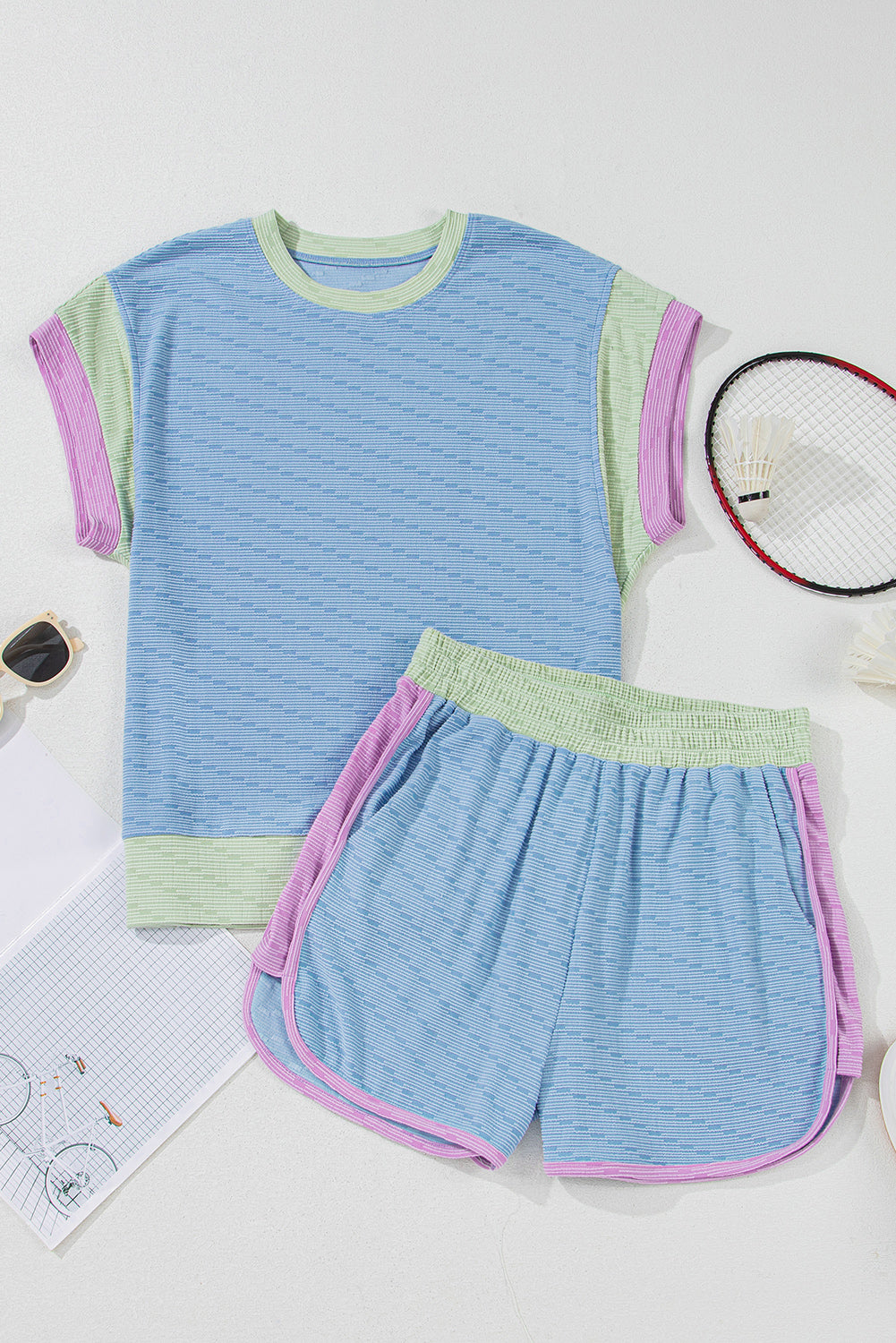 Beau Blue Corded Knit Contrast Trim Round Neck Cap Sleeve 2pcs Short Set Short Sets JT's Designer Fashion