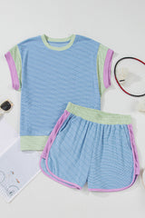 Beau Blue Corded Knit Contrast Trim Round Neck Cap Sleeve 2pcs Short Set Short Sets JT's Designer Fashion