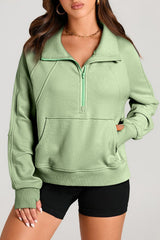 Smoke Green Quarter Zip Stand Neck Kangaroo Pocket Sweatshirt Sweatshirts & Hoodies JT's Designer Fashion