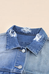 Sky Blue Color Block Denim Patchwork Frayed Hem Jacket Denim Jackets JT's Designer Fashion