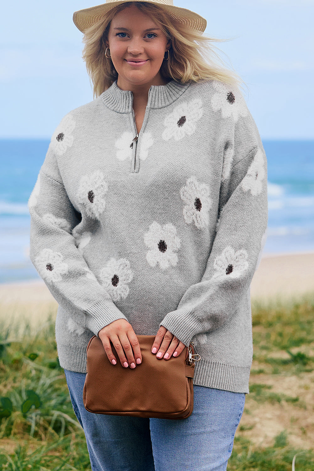 Gray Plus Size Embroidered Floral Pattern Half Zip Sweater Plus Size Sweaters & Cardigans JT's Designer Fashion