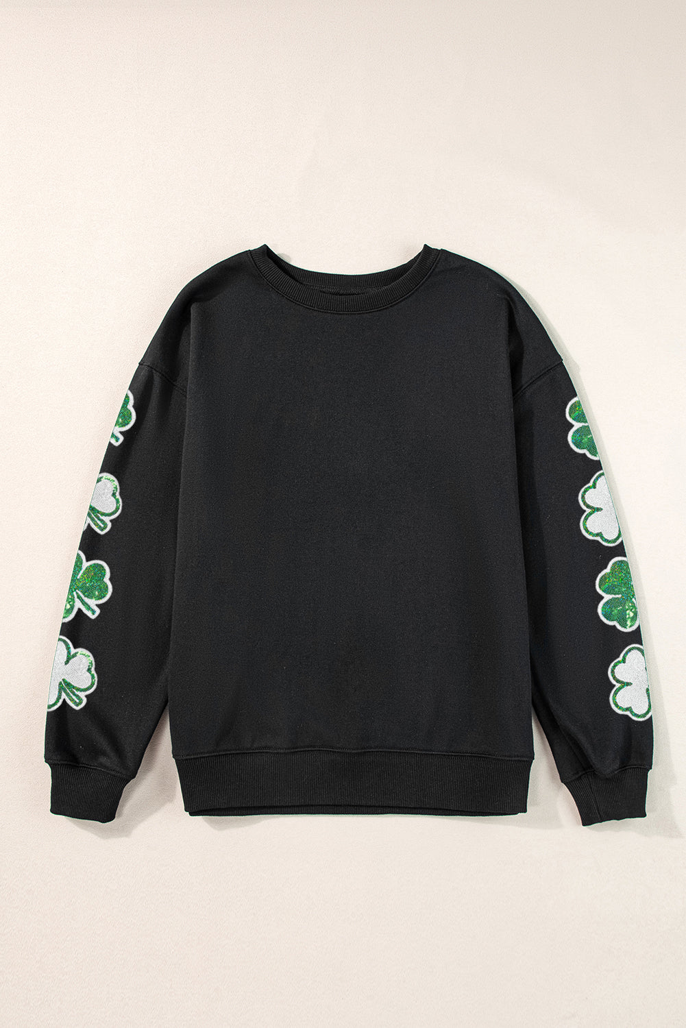 Black Sequin Clover Patched Drop Shoulder Sweatshirt Graphic Sweatshirts JT's Designer Fashion