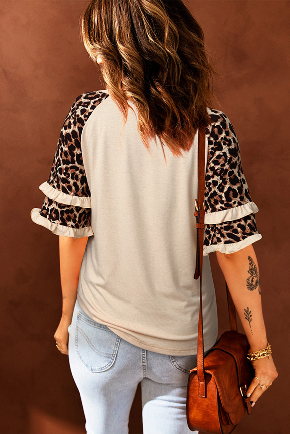 Apricot HOWDY Leopard Print Tiered Ruffled 3/4 Sleeve Tee Graphic Tees JT's Designer Fashion