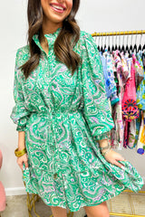 Green Paisley Print Long Sleeve Button Front Tied Waist Mini Dress Mini Dresses JT's Designer Fashion