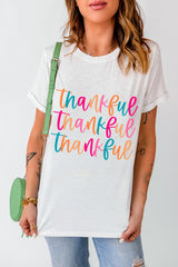 White Thankful Printed Crewneck Thanksgiving T Shirt Graphic Tees JT's Designer Fashion