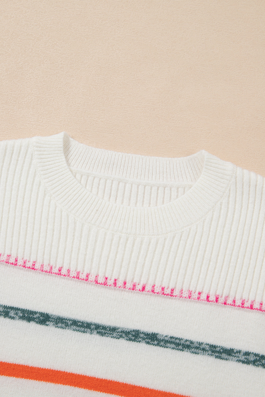 White Colorful Striped Ribbed Trim Sweater Sweaters JT's Designer Fashion