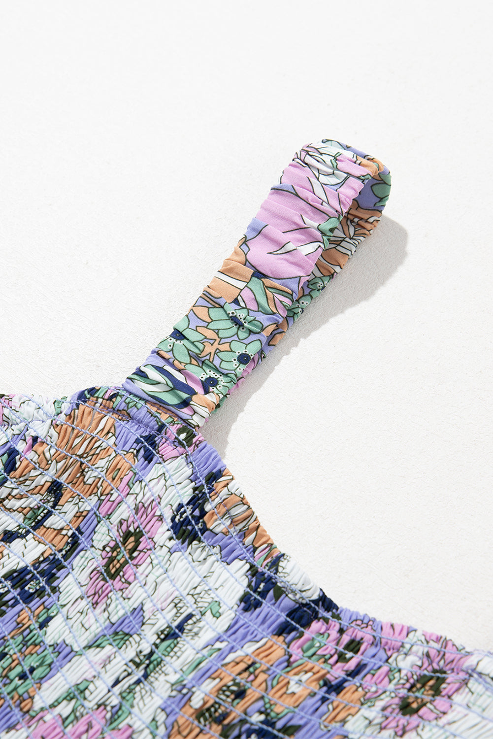 Purple Floral Print Smocked High Waist Square Neck Jumpsuit Dresses JT's Designer Fashion