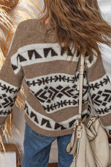 Dark Khaki Ethnic Geometric Pattern Button Front V Neck Sweater Cardigan Cardigans JT's Designer Fashion