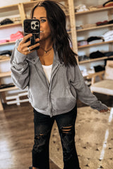 Gray Waffle Splicing Zip Up Front Button Hooded Jacket Jackets JT's Designer Fashion