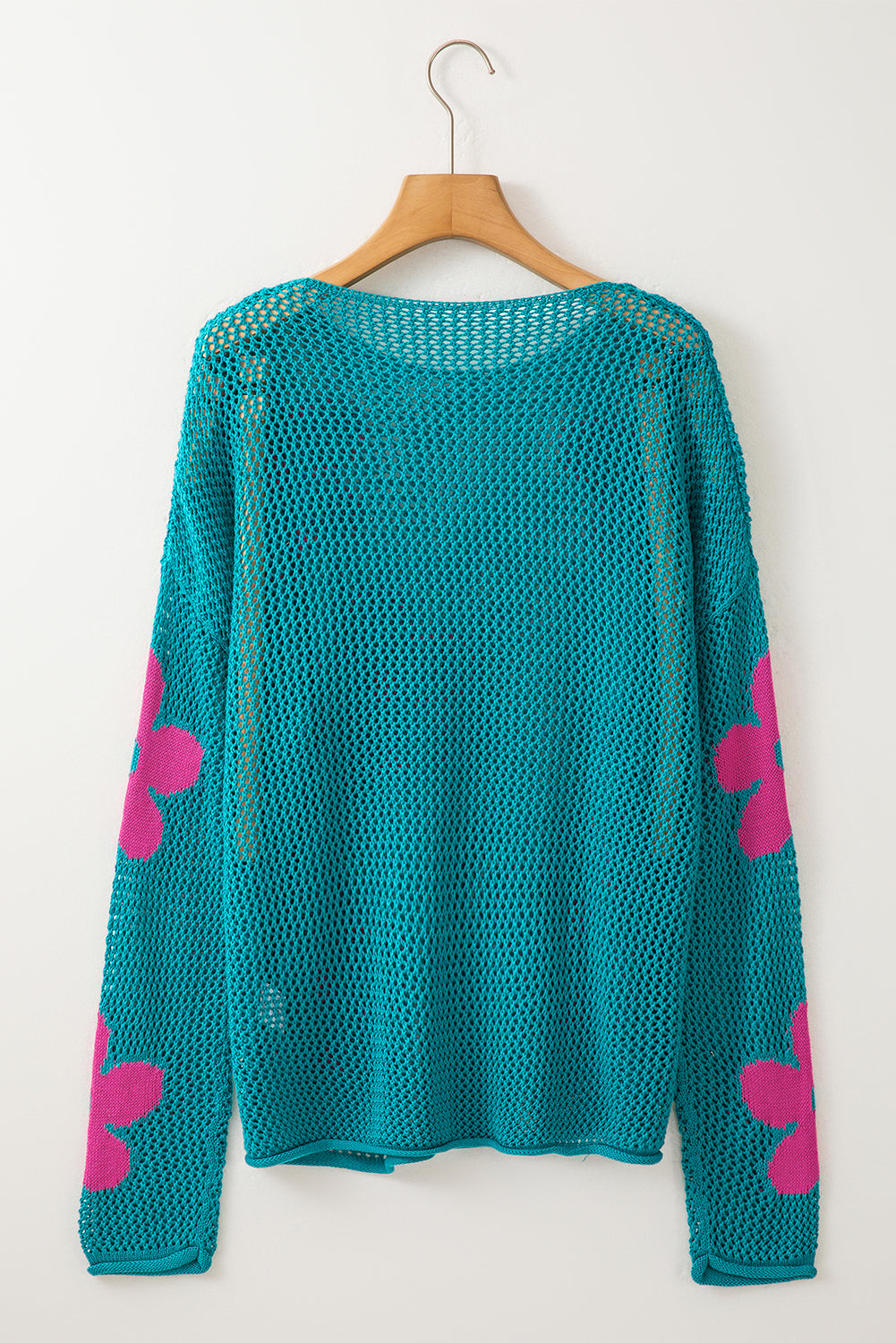Sea Green Big Flower Hollowed Knit Drop Shoulder Sweater Sweaters JT's Designer Fashion
