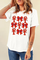 White Crawfish Bow Printed Casual T Shirt Graphic Tees JT's Designer Fashion