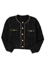 Black Shimmer Flap Pocket Button up Cardigan Cardigans JT's Designer Fashion