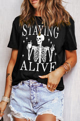 Black STAYING ALIVE Funny Skeleton Print Round Neck T Shirt Graphic Tees JT's Designer Fashion