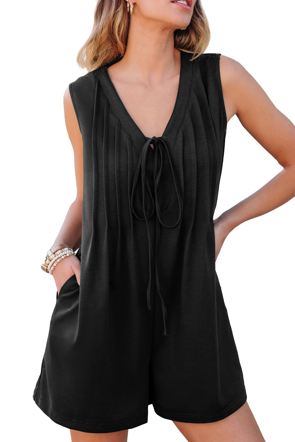 Black white Tie V Neck Pintuck Sleeveless Loose Romper Jumpsuits & Rompers JT's Designer Fashion