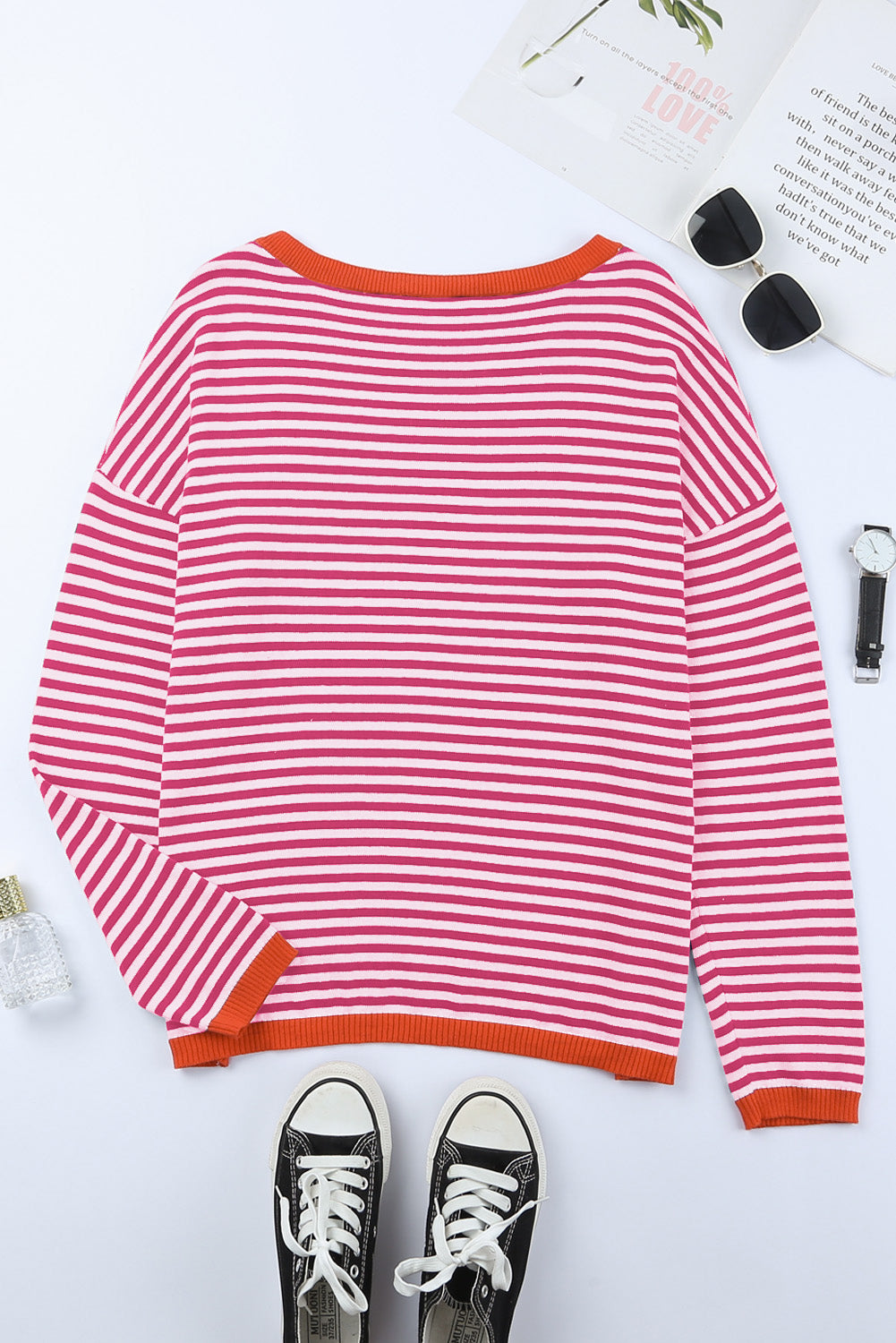 Pink Contrast Trimmed Striped Drop Shoulder Sweater Sweaters JT's Designer Fashion