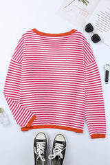 Pink Contrast Trimmed Striped Drop Shoulder Sweater Sweaters JT's Designer Fashion