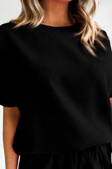 Black Casual Textured Tee and Drawstring Shorts Set Short Sets JT's Designer Fashion