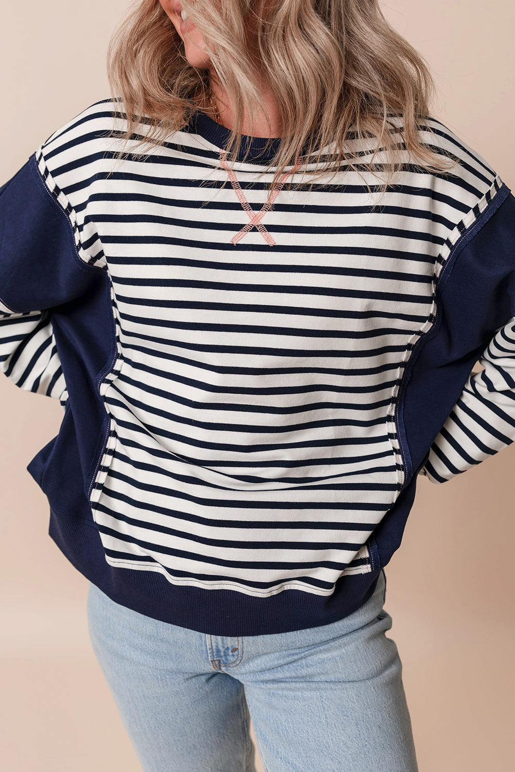 White Stripe Color Block Exposed Seam Loose Fit Sweatshirt Sweatshirts & Hoodies JT's Designer Fashion