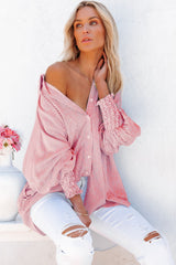 Red Stripe Smocked Cuffed Striped Boyfriend Shirt with Pocket Blouses & Shirts JT's Designer Fashion