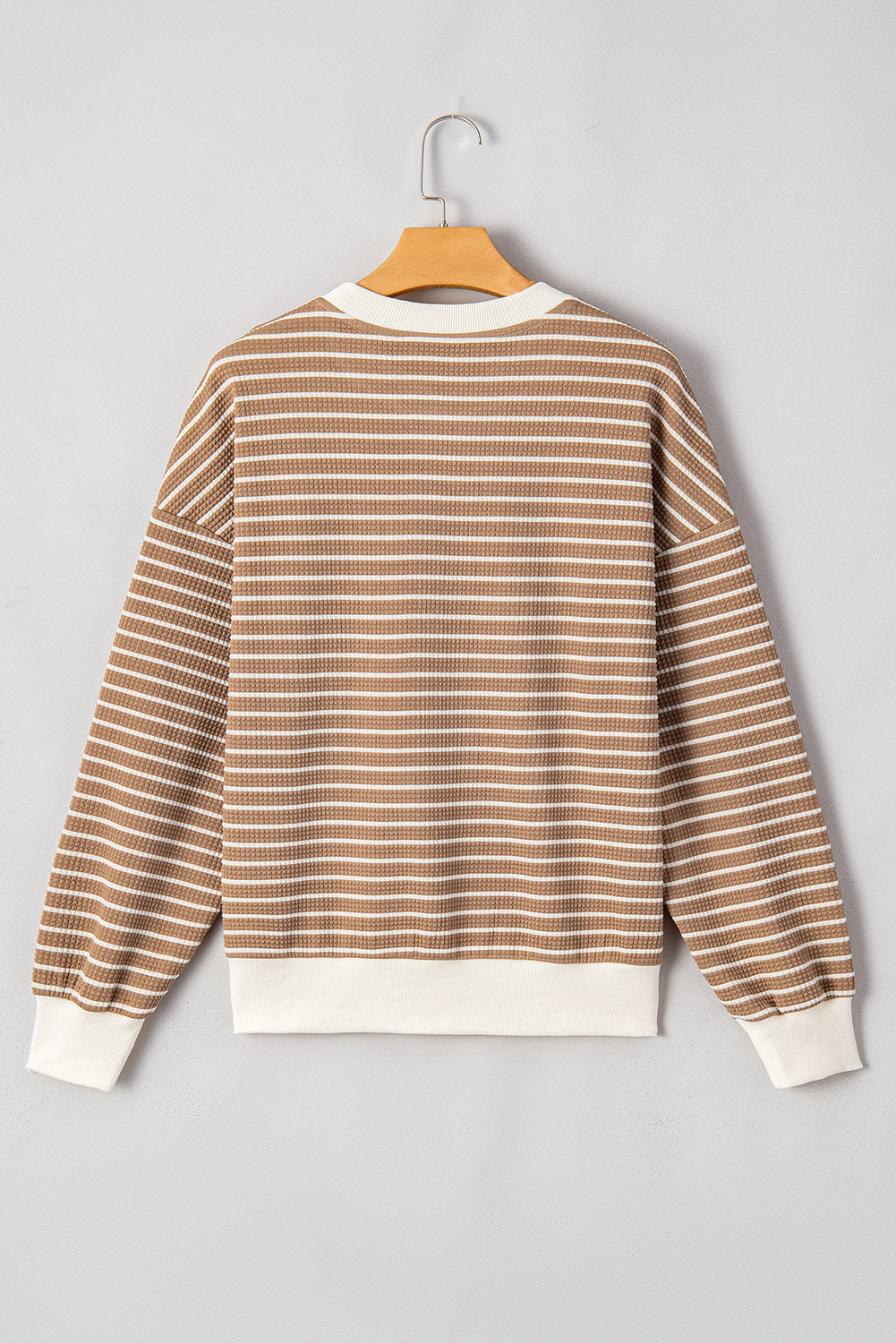 Khaki Stripe Patched Edge Textured Round Neck Long Sleeve Top Long Sleeve Tops JT's Designer Fashion