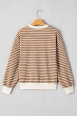 Khaki Stripe Patched Edge Textured Round Neck Long Sleeve Top Long Sleeve Tops JT's Designer Fashion