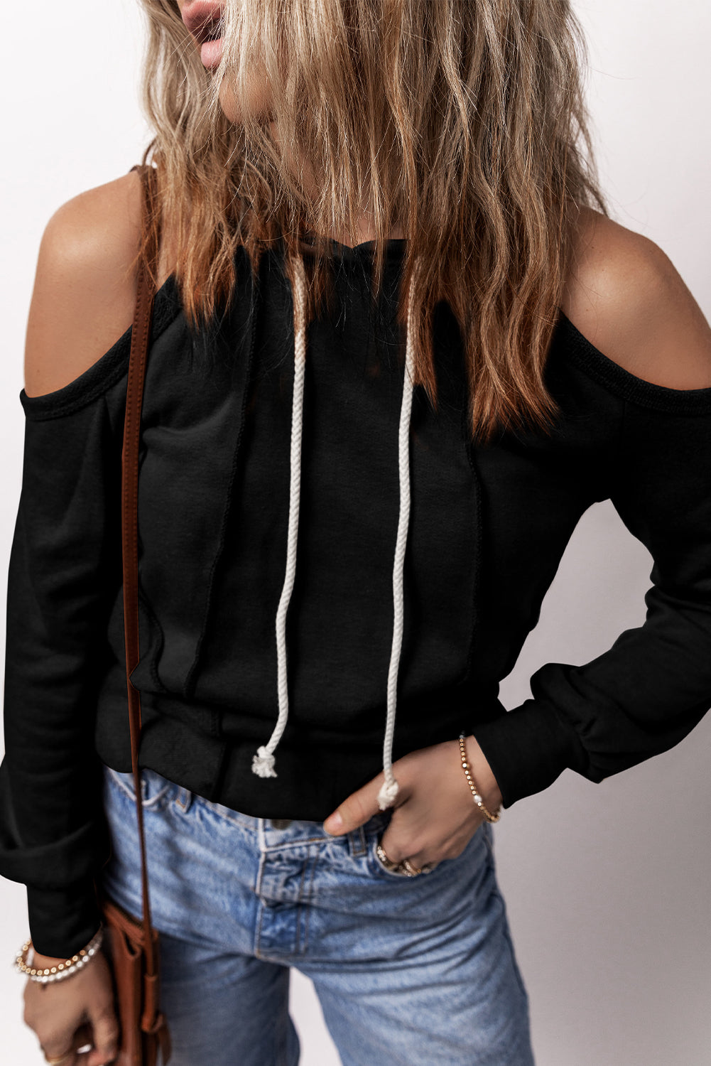 Black Exposed Seam Cold Shoulder Drawstring Hoodie Sweatshirts & Hoodies JT's Designer Fashion