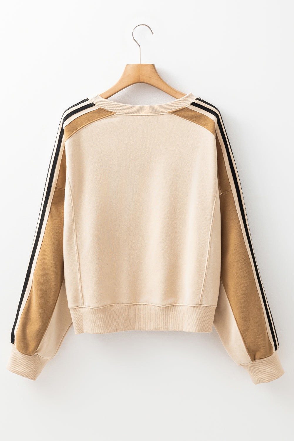 Beige Contrast Striped Patchwork Drop Shoulder Loose Sweatshirt Sweatshirts & Hoodies JT's Designer Fashion