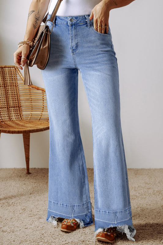 Ashleigh Blue Acid Wash Raw Hem High Waist Flared Jeans Ashleigh Blue 71%Cotton+27.5%Polyester+1.5%Elastane Jeans JT's Designer Fashion