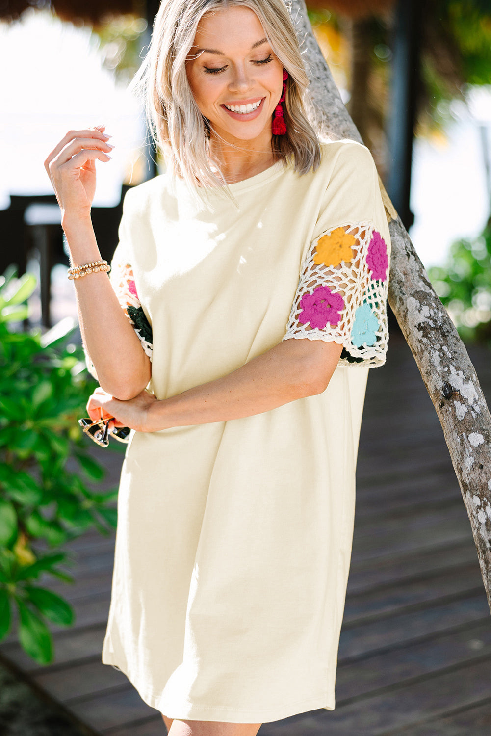 White Floral Crochet Splicing Sleeve T Shirt Dress T Shirt Dresses JT's Designer Fashion