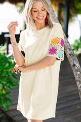 White Floral Crochet Splicing Sleeve T Shirt Dress T Shirt Dresses JT's Designer Fashion