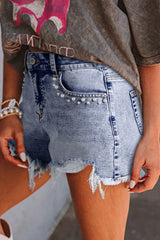 Beau Blue Pearl Studded Pockets Raw Hem Denim Shorts Denim Shorts JT's Designer Fashion